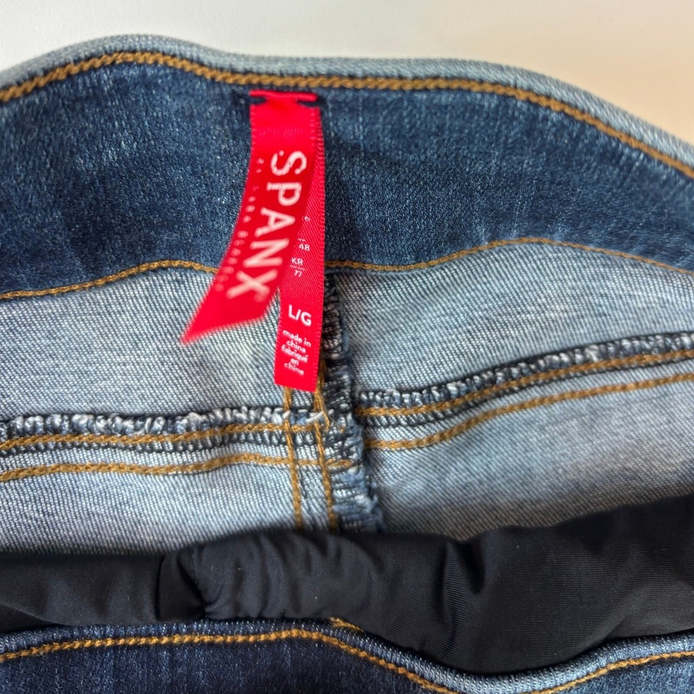 Spanx Jean-ish Ankle Leggings Distressed Raw Hem Dark Indigo Wash Large 20203R - Picture 5 of 12